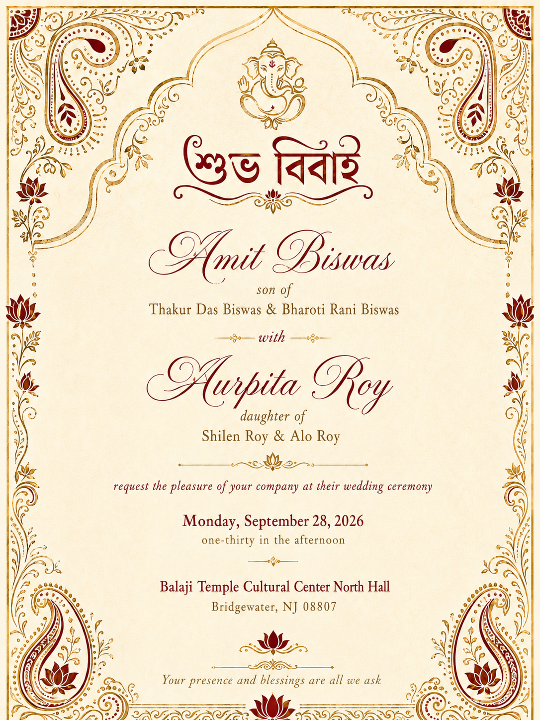 Wedding invitation for Amit Biswas and Aurpita Roy. Monday, September 28, 2026 at one-thirty in the afternoon, Balaji Temple Cultural Center North Hall, Bridgewater, New Jersey 08807.